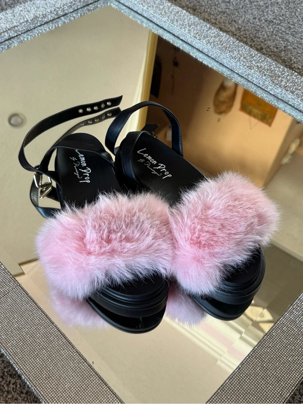 Dolls Kill Black Platform Sandals with Pink Faux Fur